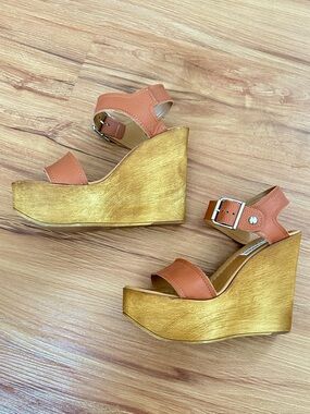 Steve Madden Cognac Leather Platform Wedge Sandals